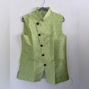 NWT Utsav Men’s Indian Pastel Green Woven Art Silk Jacquard Nehru Jacket Sz 38